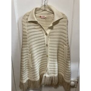 Vintage Womens White Sweater Cape Poncho One Size Julie Knitwear Collared Acryli
